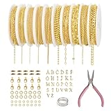 18K Gold Necklace Chains for Jewelry Making 10 Rolls Permanent Bracelet Kit Chains Bulk for DIY Bracelet Necklace Jewelry Making with 26 Letters Charm Jump Rings and Connectors Lobster Clasp Adult