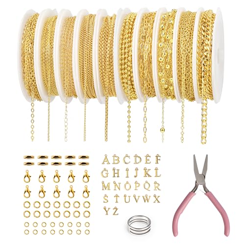 18K Gold Necklace Chains for Jewelry Making 10 Rolls Permanent Bracelet Kit Chains Bulk for DIY Bracelet Necklace Jewelry Making with 26 Letters Charm Jump Rings and Connectors Lobster Clasp Adult