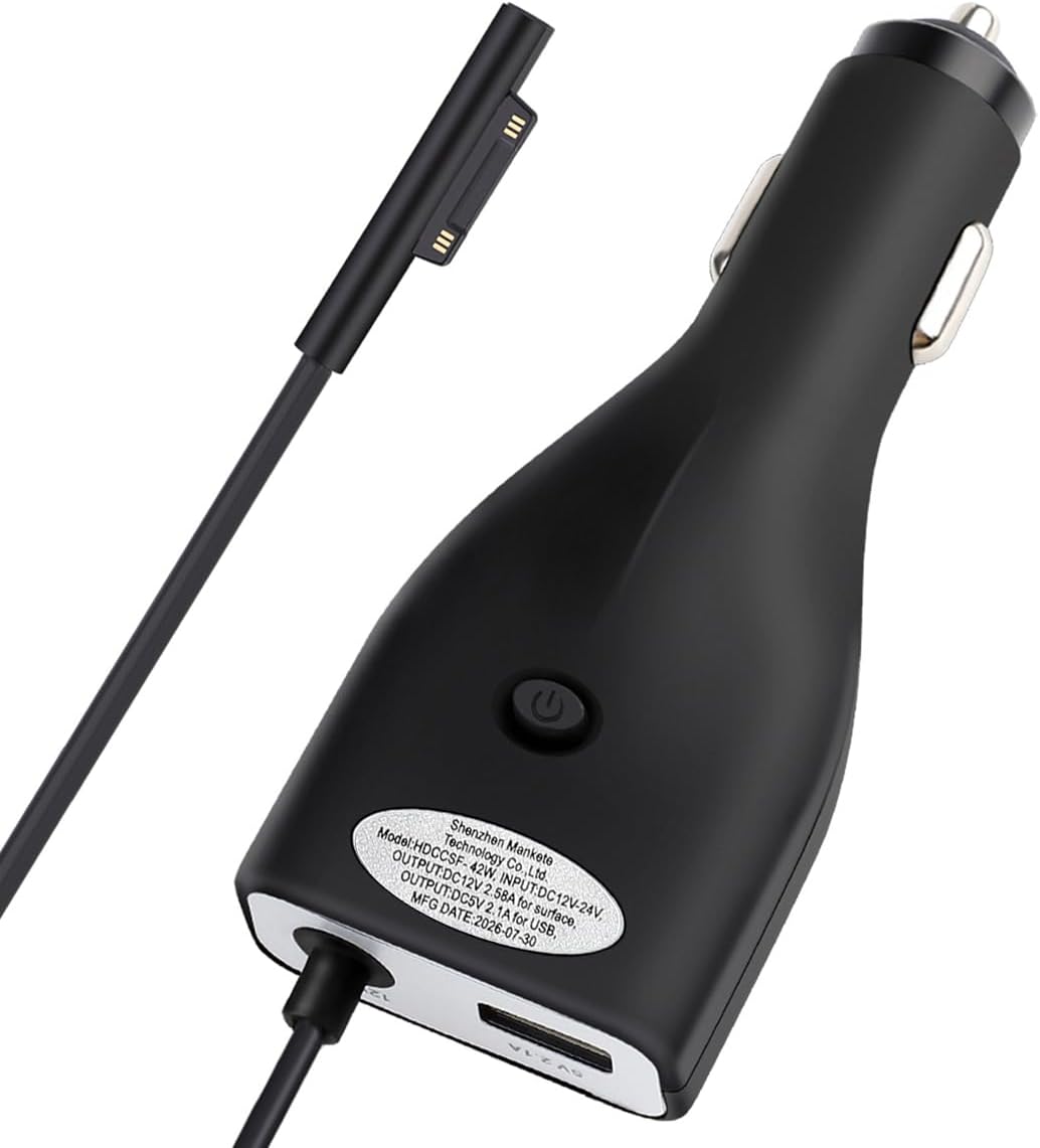 Surface Car Charger, 42W 12V 2.58A Power Supply | for Microsoft Surface Pro 3/Pro 4/Pro 5/Pro 6, Surface Book, Surface Go, Surface Laptop with 5V 2.1A USB Charging Port