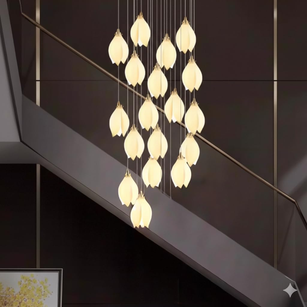 Modern Chandelier Ceramic Magnolia Petal 18-Lights Staircase Pendant Light Fixture Long Chandeliers for high Ceilings、 Living Room Foyer Hallway Villa