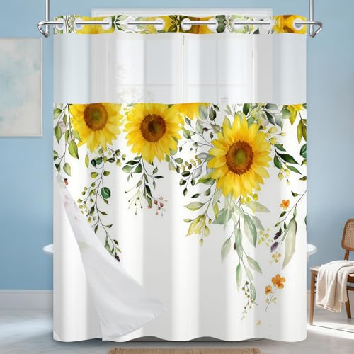 NAEMBCU No Hook Sunflower Shower Curtain with Snap in Liner 71x74 Inch
