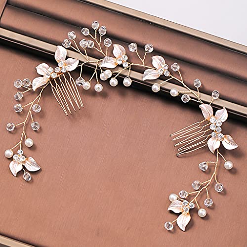 ERUYN Blad Bruids Bruiloft Haar Kam Zilver Parel Bruids Hoofdband Kristal Zijkam Haaraccessoires Geschikt voor Dames Meisjes Golden - Afbeelding 4