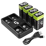 9V Rechargeable Battery Charger Pack, LP 4-Pack 600mAh 9 Volt Li-ion Batteries & 4-Bay Battery Charger for Alarms, Wireless Microphones, Smoke Detectors, Toys, Flashlights, Guitar, Keyboard & More