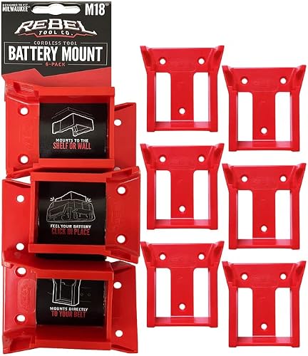 RebelToolCo Battery Holder Wall Mount (6 Pack) Battery Holder Mounts. Compatible with M18 Milwaukee Cordless Batteries. Tool Holder Storage Organizer for Battery, Accessories, & Tool Organization.