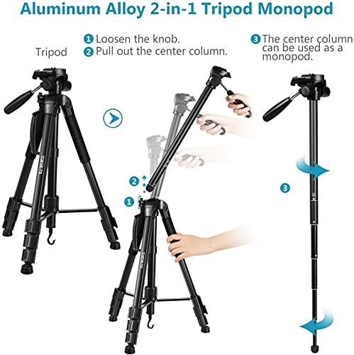 Zoegate Portable Tripod 70"/177Cm Travel Camera Tripod Outdoor Compact Aluminum Alloy Video Tripod Monopod With 3-Way Swivel Pan Tilt Head Cellphone Holder Smartphone Clip For Phone #TOP5