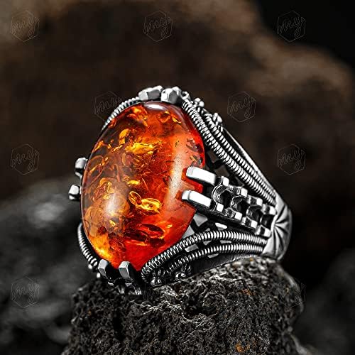 925 Sterling Silver Oval Baltic Amber Stone Men's Ring image 5
