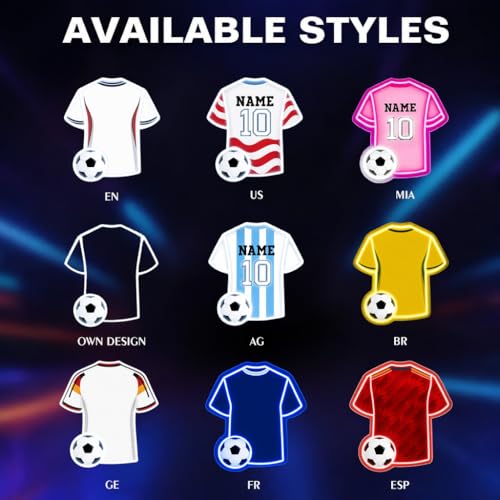 Image of Custom Soccer Jersey Neon Sign, Personalized Name Number world cup Football Jersey Neon Light with Soccer Ball, Customizable USB LED Wall Decor for Boys Bedroom, Game Room, Man Cave, Sports Bar, Fan Club, Party,Soccer Gifts