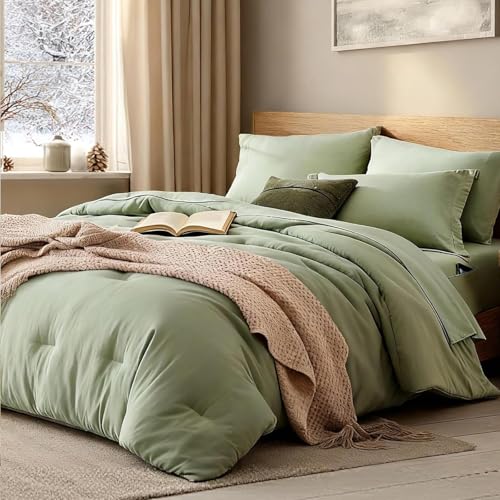 Image of Super King Plus Size Comforter Set- 7 Pieces Bed in a Bag King Bedding Sets | Prewashed All Season Comforter with Sheets, Pillow Shams & Pillowcases, Sage Green