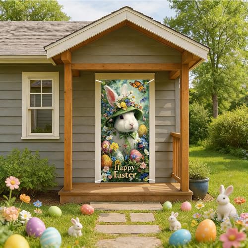 Image of Happy Easter Door Cover Bunny in Flower Hat Banner Spring Front Door Decorations Oil Painting Style Outside Party Home Decor 35.4x71 Inch