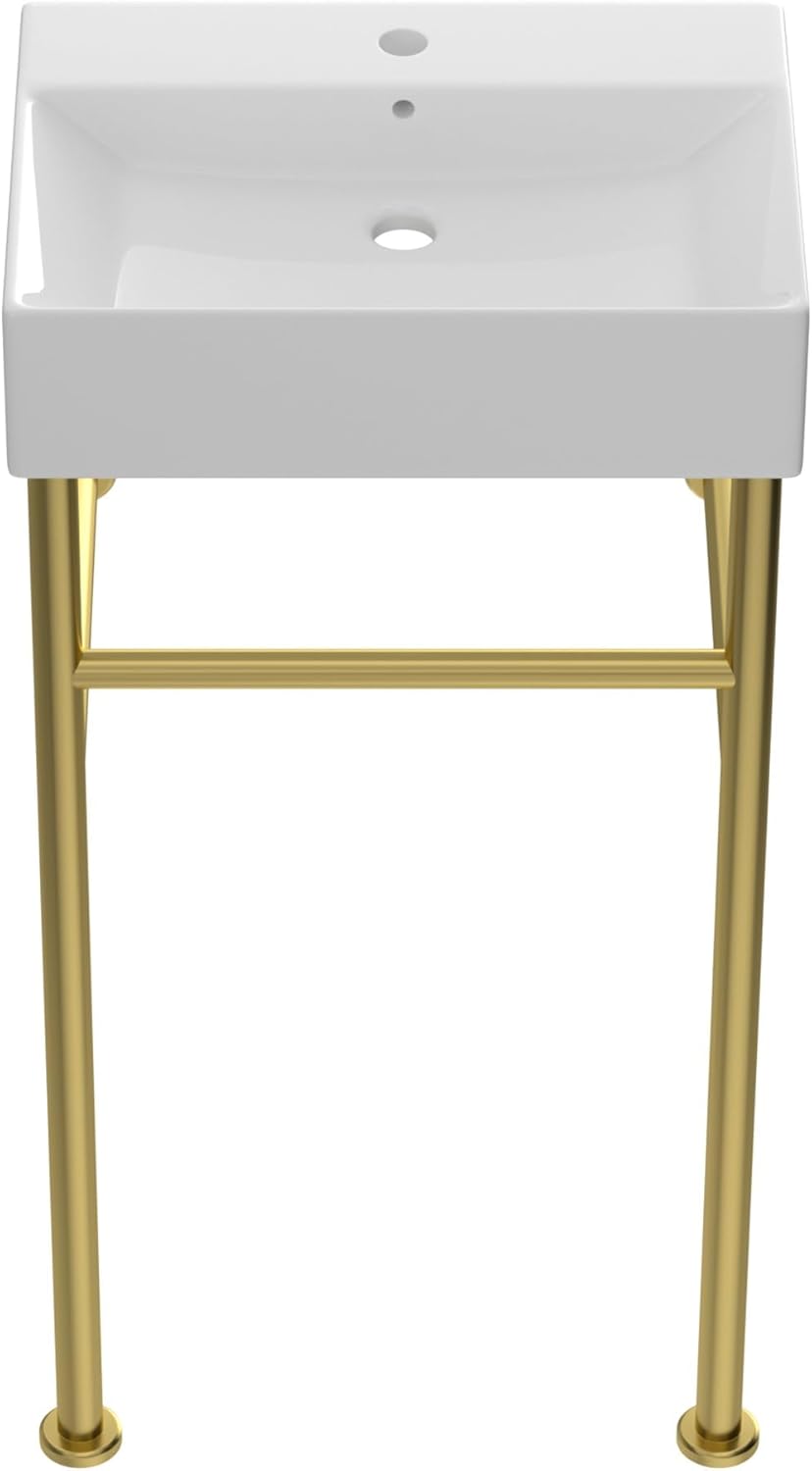 20"x12" Rectangular Ceramic Console Sink with Brushed Gold Stainless Steel Pedestal, Wall Mounted & Freestanding Bathroom Vanity Basin, Stylish Above-Counter Vessel Sink