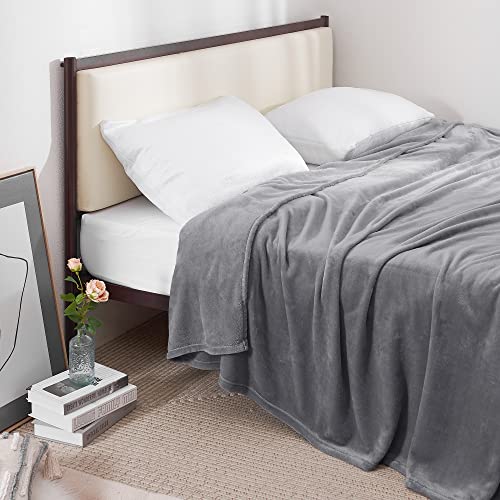 RYB HOME Soft Blanket Queen Size Flannel Fleece Lightweight Warm and Cozy Light Grey Travel Camping Bed Blanket for Couch Bed Sofa, W90 x L90 inch