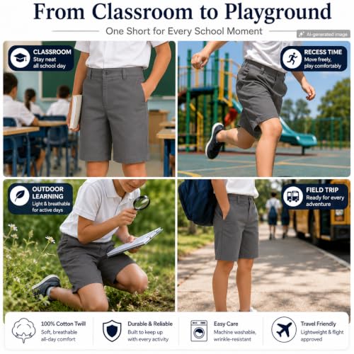 Image of Bienzoe Boys School Uniform Shorts: Flat Front Cotton Bermuda - Adjustable Waist - Breathable for Church Outdoor - Aged 4-13