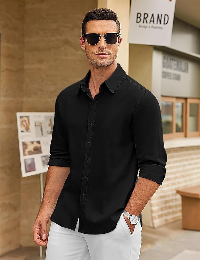 Image of CB-COLEBROOK Men's Long Sleeve Button Down Shirts Casual Cotton Linen Shirts Summer Beach Shirt for Mens Top (Available in Plus Size)