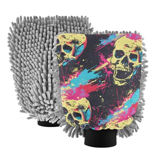 IOACIY Absorbent Microfiber Car Wash Drying Mitts, 2 Pack, Scratch-Free & Lint-Free, Rich Foam, Highly Absorbent, Double Sided, Wash Mitt Perfect for Car Washing, L, Skull (7)