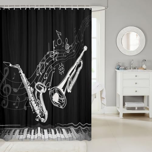 Image of Saxophone Bathroom Shower Curtain Set Trombone Piano Keys Shower Curtain Jazz Music Theme Bath Curtain for Stalls Bathtubs Musical Instruments Waterproof Bathroom Curtains Room Decor 72x84 Inch
