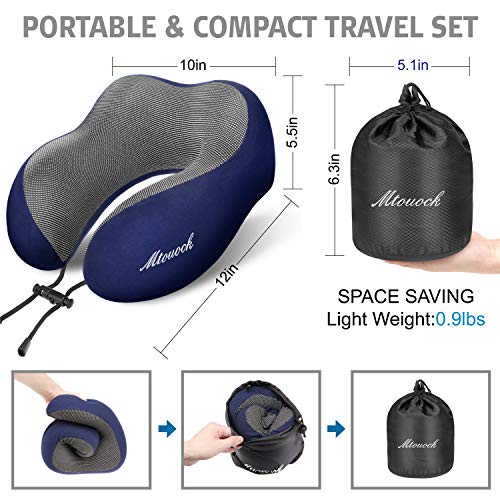 MTOUOCK Travel Pillow, 100% Pure Memory Foam Neck Pillow, Comfortable & Breathable Cover, Machine Washable Airplane Travel Kit with 3D Sleep Mask, Earplugs, and Travel Bag, Blue - Thumbnail 7