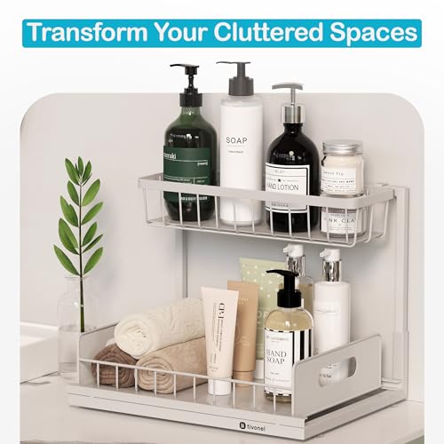Organizador de 2 niveles para debajo del lavabo | Estante deslizante extraíble para cocina, baño o lavandería | Diseño en L, marco metálico resistente al óxido | Blanco (paquete de 2) miniatura 7