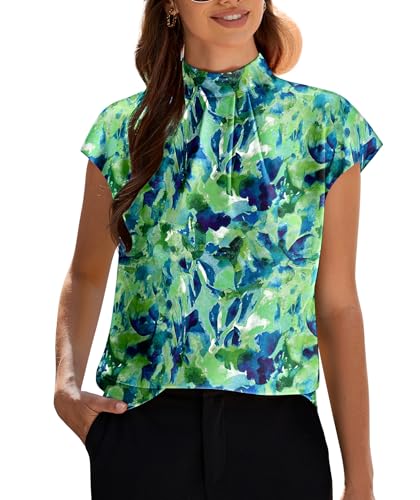 Image of Funlingo Womens Summer Tops Mock Neck Short Cap Sleeve Blouses Business Casual Work Chiffon Shirts Front Pleated Tunic Top