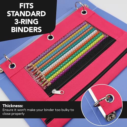 Image of 3 Ring Pencil Pouch for Binder, 2-Pocket Zipper Pencil Case with Clear Window & Mesh Pocket, 600D Oxford Fabric Binder Pouch for School Office Supplies, Fits Standard 3-Ring Binders, Rose Red