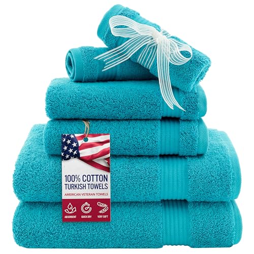 Image of American Veteran Towel, 6 Piece Towel Set for Bathroom, 100% Cotton Turkish Bathroom Towels, 2 Bath Towels 2 Hand Towels 2 Washcloths, Aqua Blue