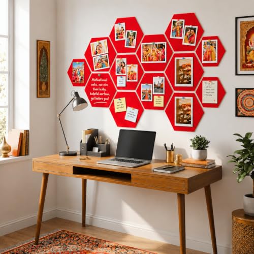 Image of Quiet Canvas Hexagon Pinboard, 1x1 ft, Pack of 8, 50 PushPins, (Red)