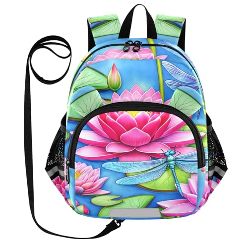 Dragonfly Lotus Flower Toddler Harness Backpack for Boys Girls 3-6 Years Kids Backpack with Anti Lost Safety Leash Child Leash Backpack for Travel Walking Preschool