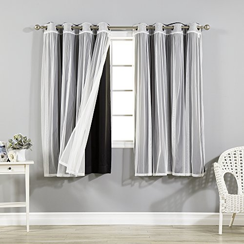 Best Home Fashion uMIXm Mix and Match Tulle Sheer Lace and Blackout 4 Piece Curtain Set – Stainless Steel Nickel Grommet Top – 2 sheers and 2 Blackout Panels – 52" W x 63" L – Black