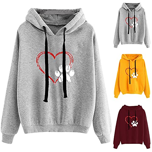 Graphic Sweatshirts For Women Heart Dog Paw Print Hoodies Long Sleeve Drawstring Pullover Sprint Athletic Tops #TOP2