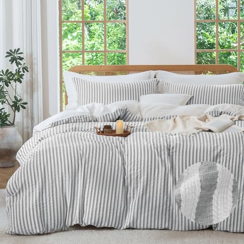 MILDLY Grey Striped Duvet Cover - 100% Washed Cotton Jacquard