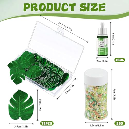 74 Stück Tortendeko Dschungel, mit Lebensmittelfarbe Tannengrün und Streudekor Dschungel Essbar, Jungle Cake Decoration, Essbare Blätter für Tortendeko, zum Backen, Kochen, Fondant