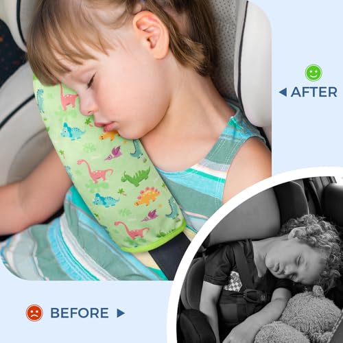 Image of COOLBEBE Seat Belt Pillow for Kids, Extra Soft Toddler Travel Pillow for Car Seat, Universal Carseat Strap Cushion Pads for Childs Baby People Adults, Green Dinosaurs