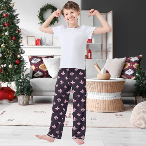 Boy's Pj Pants Pink Black Fleur De Lis Lounge Bottoms Elastic Waist Kids Joggers with Pockets Size 6-142
