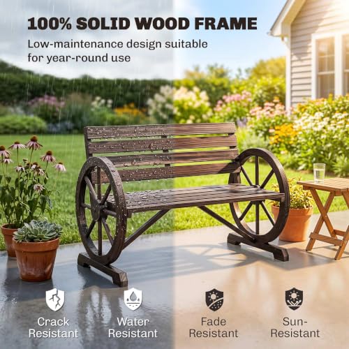 Image of Outsunny 41 inch Wooden Wagon Wheel Bench Rustic Outdoor 2-Person Carbonized