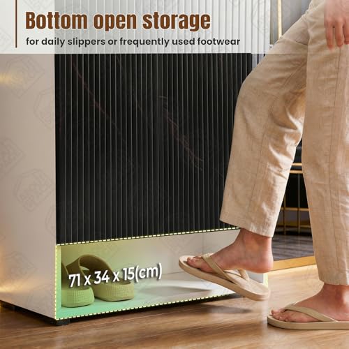 Image of ABOUT SPACE Shoe Cabinet - 7 Tier Shoe Rack with Door & Open Bottom Storage|Press Open 2 Door Engineered Wood Shoes Stand for Home | Smooth Non-Fluted-Effect Adjustable Shelf 18-21 Pair |White & Black