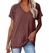 Women's Casual Short Sleeve T Shirts V Neck Raglan Rolled Sleeve Loose Side Split Tunic Tops