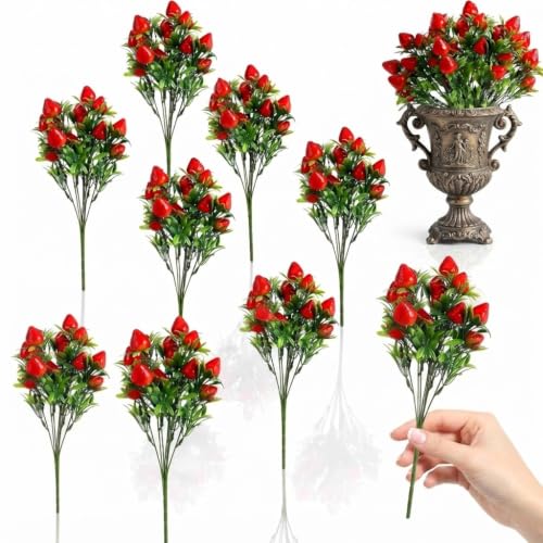 Image of DOITOOL 9 Pcs Artificial Strawberries for Decor, 11.8 inch Fake Strawberry Branches Flowers Bouquet Vivid Faux Strawberry Stems for Home Vase Table Centerpiece Spring Summer Decor
