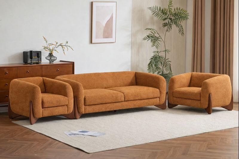 Image of Upholstered 3 Seater Sofa Three Seater Sofa with Wooden Legs for Living Room Hotels & Offices (Boucl Camel 3+1+1 Sofa Set)