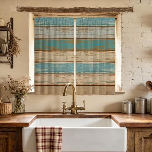 zokyer Kitchen Curtains 27.5" W x 45" L Small Short Window Tiers, Teal Brown Farmhouse Rustic Wood Planks Design, Western Country Decor for Bathroom RV Camper Travel Trailer, 2 Panels Rod Pocket