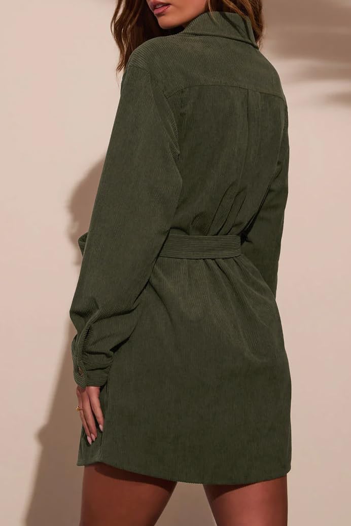 R.Vivimos Corduroy Cotton Mini Dress Fall Winter 2026 Casual Long Sleeve Button Down Belted Shirt Dress with Pockets - Image 5