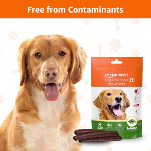 Image of Amazon Basics Dog Treat Sticks 140 gm, Chewy Meat Sticks for Adult Dogs and Puppies, High Protein Dog Treats for Training and Snacks, Made of Real Chicken Meat, Ziplock Pack, Spinach Flavor