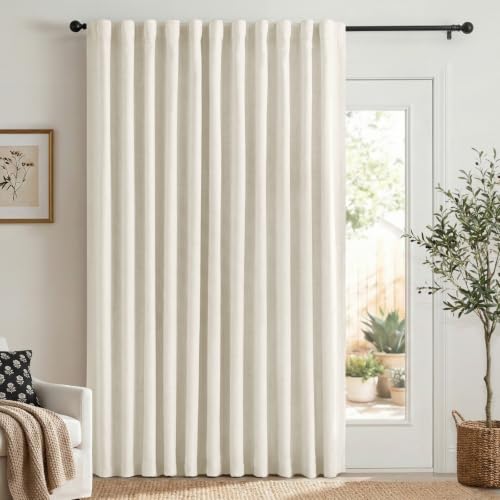 Faux Linen Total Blackout Sliding Door Curtains 84 Inches Long, Beige White