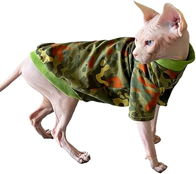 Hairless Cat Clothes Spring Fall Cotton Long Sleeve Turtleneck T-Shirt Camouflage Print Vest Stretch Jumpsuits Pullover Comfort Pajamas for Sphynx,Cornish Rex, Devon Rex, Peterbald M,Green