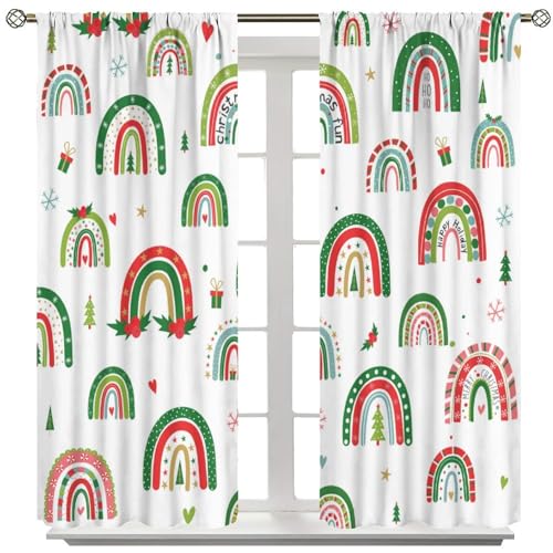 SHElifestyle Christmas Rainbow Curtains for Kids, Bohemian Rainbow for Girl Baby Children Nursery Toddler Red Green Cute Cartoon Boho New Year Window Drapes for Bedroom Living Room W42xL45