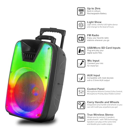 IQ Sound IQ-7812DJBT 12-inch Portable Bluetooth Speaker with True Wireless Stereo, LED Light Show, Bluetooth 5.0, Built-in Port, Carry Handle, 40W Power - 12