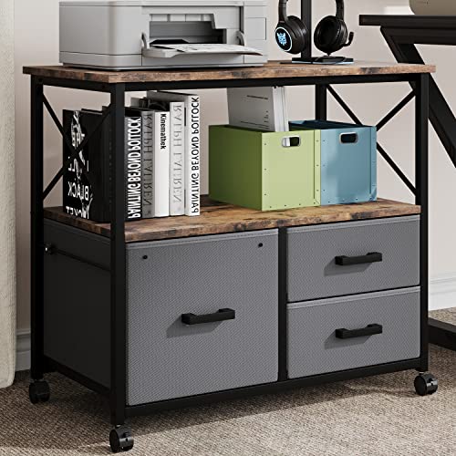 Alkmaar File Cabinet With 3 Drawer, Lateral File Cabinet, Rolling Filing Cabinet Printer Stand Fits A4 Or Letter Size, Office Filing Cabinet With Wheels For Small Space, Apartment, Office, Rustic Grey #TOP23