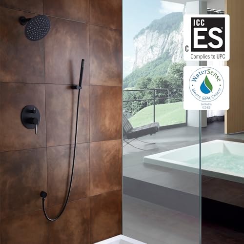 Image of SUMERAIN Matte Black Shower System with Rain Shower and Handheld | Shower Faucet Set Fixtures, 8 Inches High Pressure Stainless Steel Rain Shower Head, Brass Hand Shower, Concealed Box Design