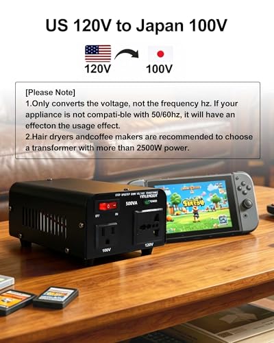 Image of Yinleader 500W US to Japan Voltage Converter 120V to 100V Step Down Transformer for Japanese Appliances (Turntable /Player /Amplifier /yogurtia /Consoles /Synthesizers, etc.) in US