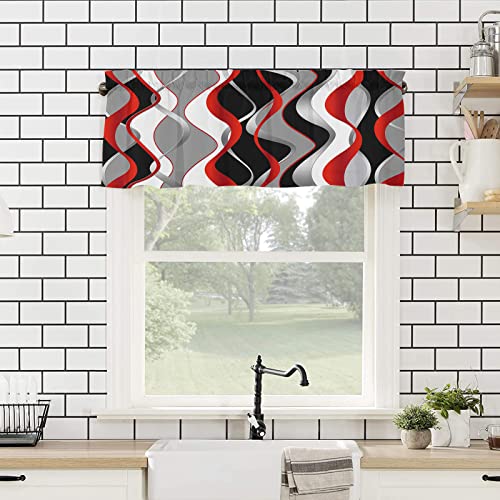 Red Black Grey Curtains Valances, White Moire Geometric Short Curtain Window Treatment With Rod Pocket, Modern Abstract Art Kitchen Valance Curtains For Living Room Bedroom Bathroom Cafe 54"X18" #TOP3