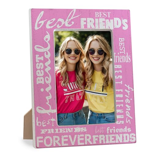Yhtmbf Best Friends Forever Wooden Photo Frame For 4 x 6 Picture - Farmhouse Tabletop Picture Frame With Stand For Home Office Decoration - Friendship Gift For Friends BFF(Pink) - A02