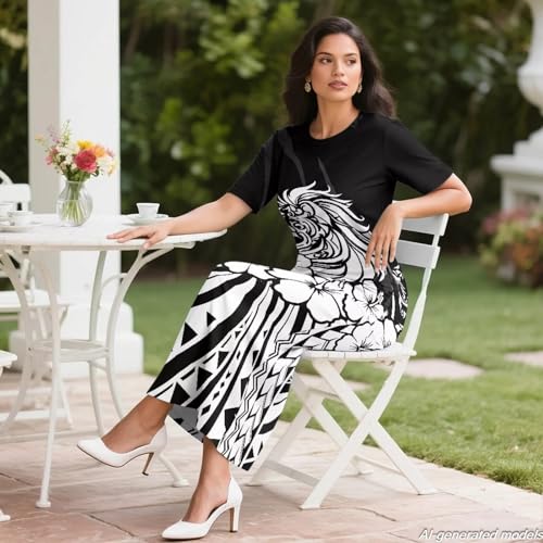 Image of Puletasi Polynesian Tribal Clothing Two Piece Skirt Set for Women Outfits Short Sleeve Top High Waist Midi Skirt